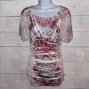 BCX silky Elegant Red and Cream Floral Empire Cinched Waist Top
